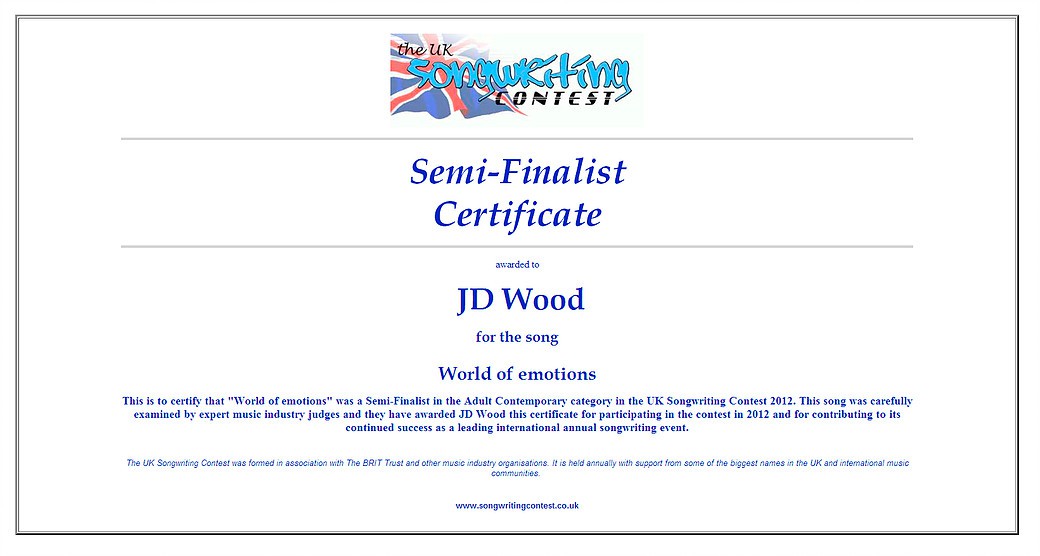 JD Wood (Jörg Dewald) Halb Finalist beim UK Songwriting Contest 2012