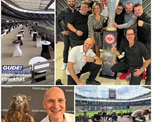 Jörg Dewald JD Wood live mit Augenblick Duo beim Sponsoren Sommerfest 2022 von Eintracht Frankfurt mit Attila im Deutsche Bank Park