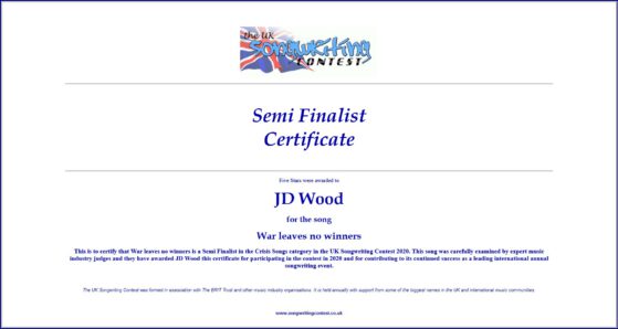 JD-Wood-War leaves no winners-Semi-Finalist-UK-Songwriting-Contest-2020