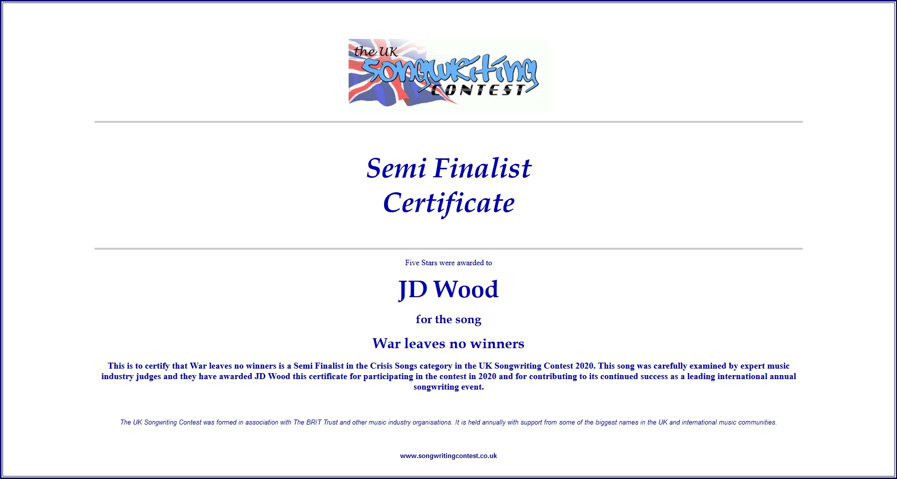 JDWood-Semi-Finalist-UK-Songwriting-Contest2020 - War leaves no winners